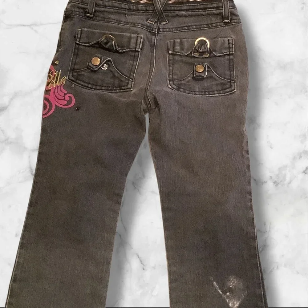 PellePelle Girls Size 6X Black Jeans With Belle Belle Design & Embroidered Cuffs